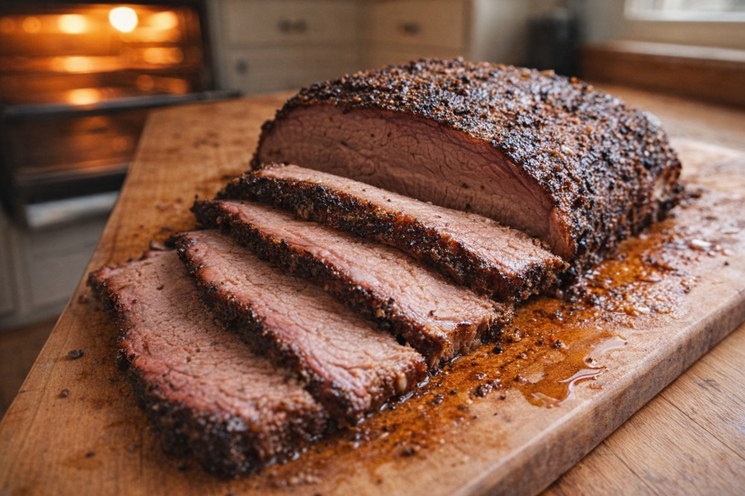 A perfectly cooked beef brisket on a cutting board, sliced against the grain, showing a smoky ring and tender, juicy meat, warm light from an oven